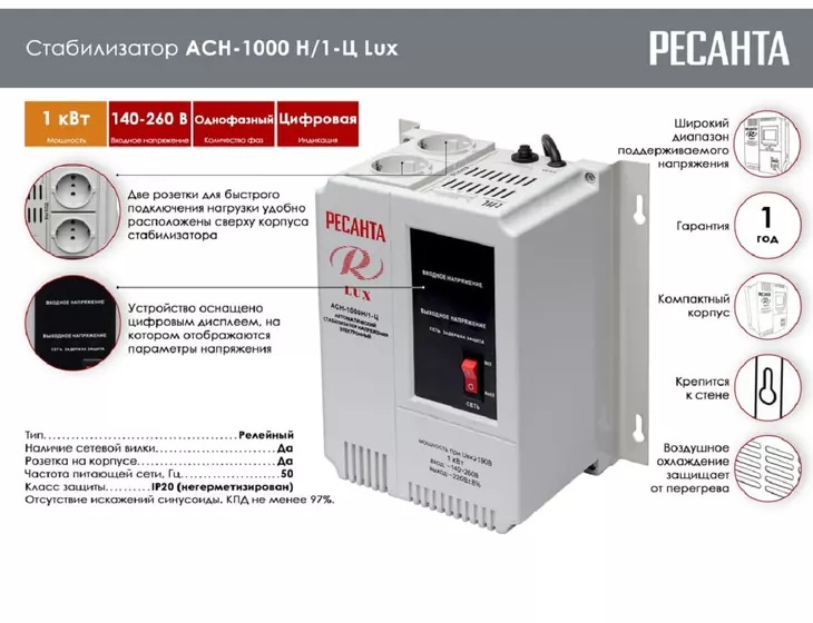 Стабилизатор напряжения Ресанта LUX АСН-1000Н/1-Ц_2